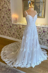 Boho Lace Wedding Dresses A-Line V-Neck Spaghetti Straps - MyChicDress